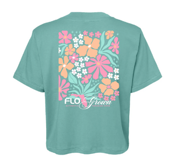 SALE FloGrown® Ladies' Turquoise Blue Jumbo Floral Poster Crop Tee