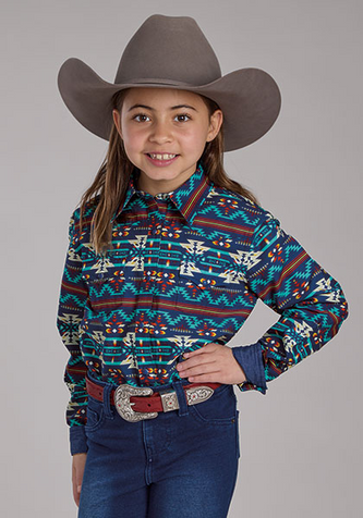 SALE Roper® Girls' L/S Blue Aztec Print Snap Shirt