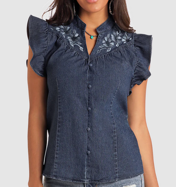 SALE Panhandle® Ladies' Denim Flutter Sleeve Embroidered Yoke Top