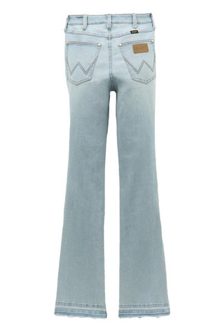 SALE Wrangler x Lainey Wilson® Ladies' Raw Hem Boot Hugger Jeans in Bleach Blue Wash