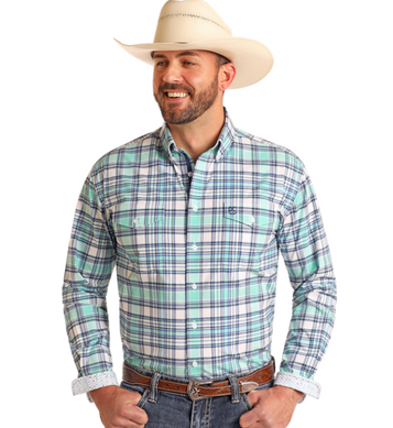 SALE Panhandle Slim® Men's L/S White/Navy/Turquoise Plaid Button Shirt