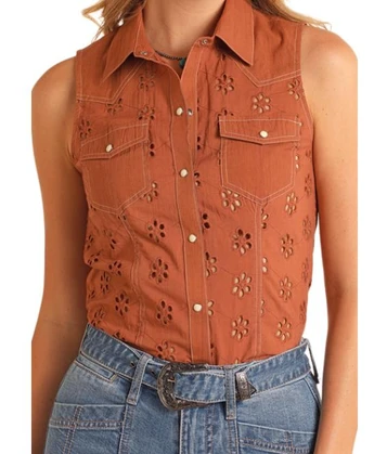 SALE Rock & Roll Denim® Ladies' Camel Sleeveless Eyelet Snap Shirt