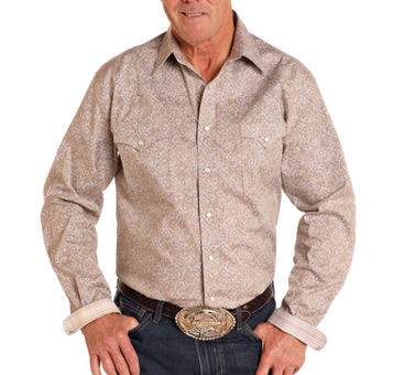 SALE Panhandle Slim® Men's L/S Taupe Print Snap Shirt