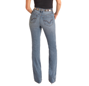 SALE Rock & Roll Denim® Ladies' MR Medium Wash Distressed Boot Cut Jeans