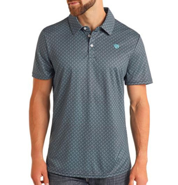 Rock & Roll Denim® Men's S/S Teal Geo Print Button Polo Shirt Rock & Roll Denim® Men's S/S Teal Geo Print Button Polo Shirt