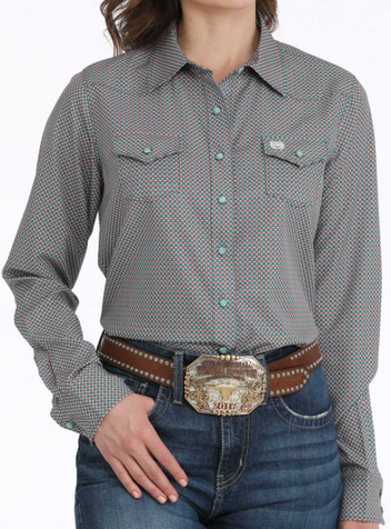 SALE Cinch® Ladies' L/S Green/Fuschia Print ArenaFlex Snap Shirt