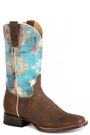 SALE Roper® Ladies' Oily Brown/Blue Aztec Square Toe Boots