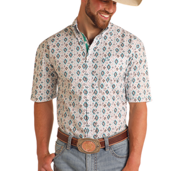 SALE Panhandle Rough Stock® Men's S/S White/Turquoise/Brown Aztec Print Button Shirt