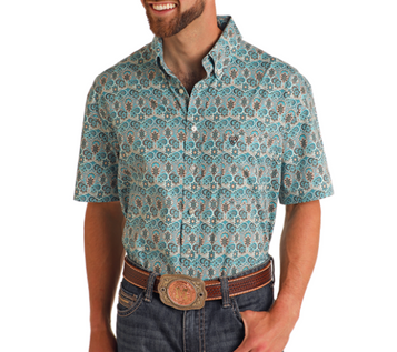 SALE Rock & Roll Denim® Men's S/S Turquoise/Tan Print Button Shirt