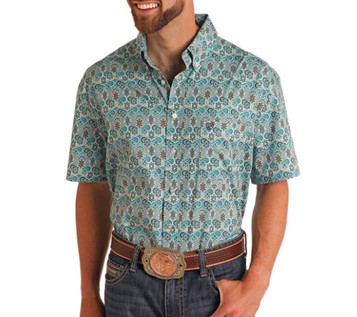 SALE Rock & Roll Denim® Men's S/S Turquoise/Tan Print Button Shirt