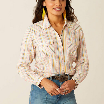 SALE Ariat® Ladies' L/S Alyssa Tan/Carnation Dobby Striped Snap Shirt