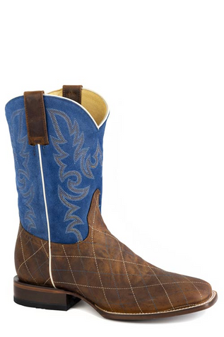 SALE Roper® Men's Oily Brown Cross Stitched/Blue Suede Square Toe Boots