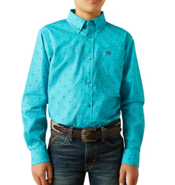 SALE Ariat® Boys' L/S Wilke Turquoise Steerhead Print Classic Fit Button Shirt