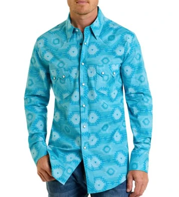 SALE Rock & Roll Denim® Men's L/S Turquoise Aztec Print Snap Shirt