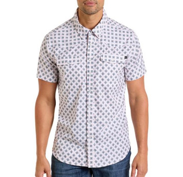 Rock & Roll Denim® Men's S/S White/Turq/Brown Geo Aztec Print TEK Snap Shirt Rock & Roll Denim® Men's S/S White/Turq/Brown Geo Aztec Print TEK Snap Shirt