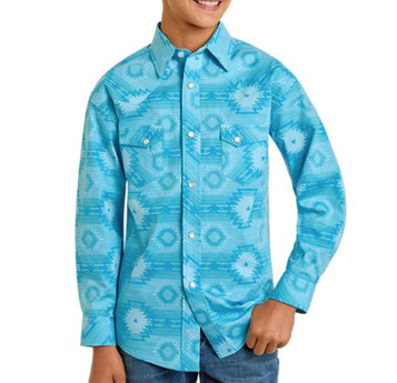 Rock & Roll Denim® Boys' L/S Turquoise Aztec Print Snap Shirt Rock & Roll Denim® Boys' L/S Turquoise Aztec Print Snap Shirt