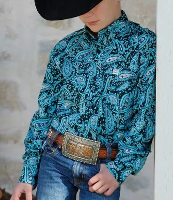 SALE Cinch® Boys' L/S Black/Turq Paisley Print Button Shirt