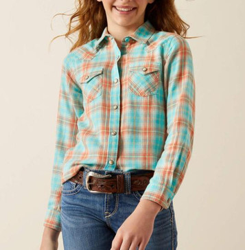 SALE Ariat® Girls' L/S Turquoise/Rust Plaid Edan Snap Shirt