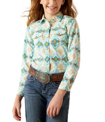 SALE Ariat® Girls' L/S Turquoise/Brown Aztec Print Remy Western Snap Shirt