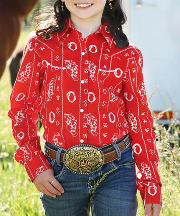 Cruel Denim® Girls' L/S Red Western Print Snap Shirt