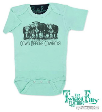 The Twisted Filly® Infant S/S Turquoise Cows Before Cowboys Onesie The Twisted Filly® Infant S/S Turquoise Cows Before Cowboys Onesie