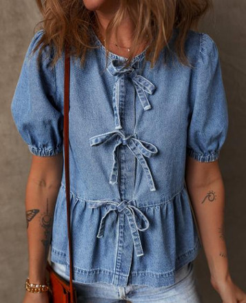 Dear-Lover® Ladies' S/S Dusk Blue Triple-Bow Denim Shirt