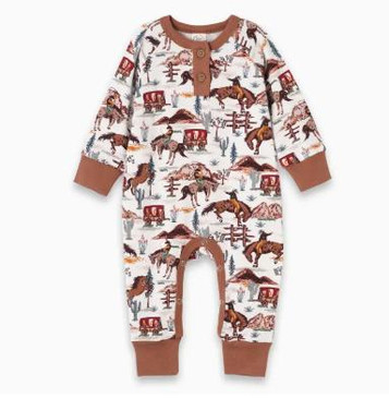 Tesa Babe® Baby Boy L/S Brown Western Henley Romper