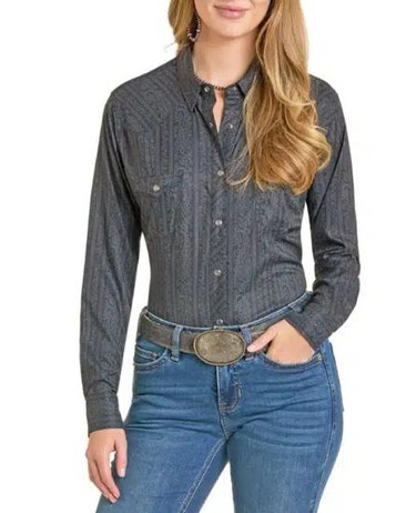Rock & Roll Cowgirl® Ladies' L/S Black Tek Paisley Print Snap Shirt