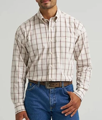 SALE Wrangler® George Strait™ Men's L/S Ecru/Brown Plaid Button Shirt