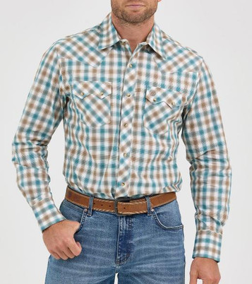 Wrangler Retro® Men's L/S Turquoise/Brown Plaid Snap Shirt