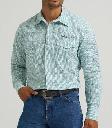 SALE Wrangler® Men's L/S White/Green Logo Snap Shirt