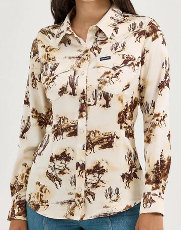 SALE Wrangler Retro® Ladies' L/S Cream Bucking Cowboy Western Snap Shirt
