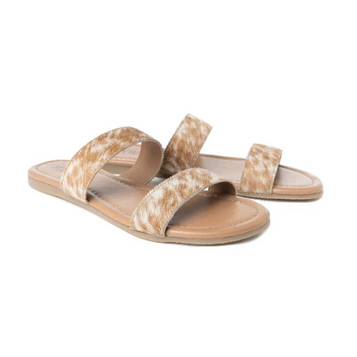 Myra® Ladies' Oakdust Brown/White Vaquero Hair-On Flat Sandals Myra® Ladies' Oakdust Brown/White Vaquero Hair-On Flat Sandals