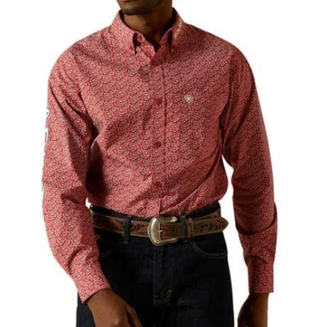 SALE Ariat® Men's L/S Red Print/Beige Team Logo Fitted Button Shirt