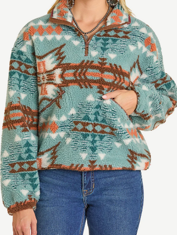 SALE Rock & Roll Denim® Ladies' Turquoise 1/4 Zip Aztec Print Sherpa Pullover