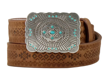 Angel Ranch® Girls' Brown Southwestern Embossed Belt with Rectangle Silver/Turquoise Buckle Angel Ranch® Girls' Brown Southwestern Embossed Belt with Rectangle Silver/Turquoise Buckle