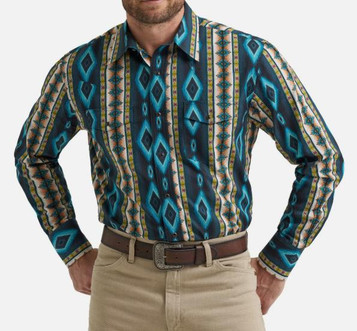 SALE Wrangler® Men's L/S Teal/Tan Checotah Aztec Snap Shirt