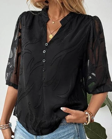 SALE Shoppingwill® Ladies' Black 3/4 Sheer Sleeve Stand Up Collar Top