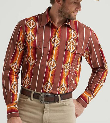 SALE Wrangler Checotah® Men's L/S Sunset Orange Aztec Snap Shirt
