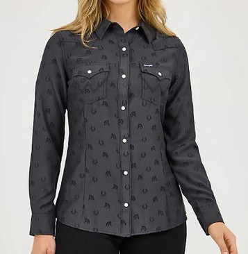 SALE Wrangler Retro® Ladies' L/S Subtle Black Horses Western Snap Shirt