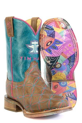 Tin Haul® Girls' Brown/Turquoise Tuti Fruti Sole Square Toe Boots