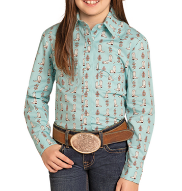 Panhandle Slim® Girls' L/S Light Turquoise/Boot Print Snap Shirt Panhandle Slim® Girls' L/S Light Turquoise/Boot Print Snap Shirt