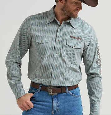 SALE Wrangler® Men's L/S Men's Grey/Peacock Blue Print Logo Snap Shirt