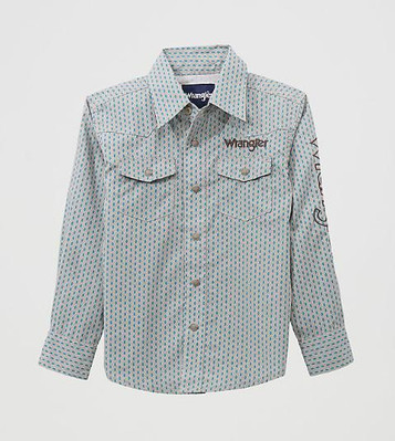SALE Wrangler® Boys' L/S Grey/Peacock Blue Logo SnapShirt