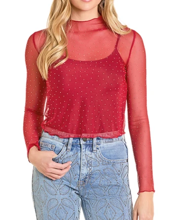 SALE Rock & Roll Denim® Ladies' L/S Mesh Rhinestone Top - Red or Black