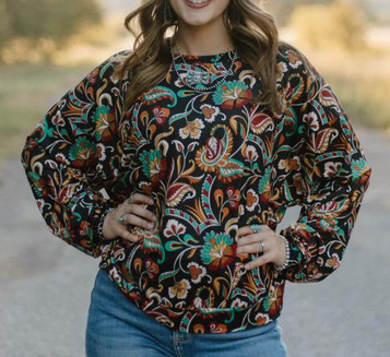 Sterling Kreek® Ladies' L/S Black/Multi Painted Paisley Top Sterling Kreek® Ladies' L/S Black/Multi Painted Paisley Top