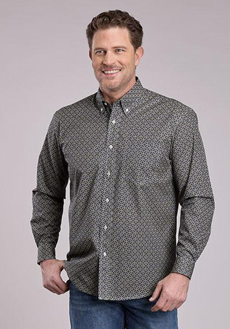 Roper® Men's L/S Navy/Olive Geo Print Button Shirt