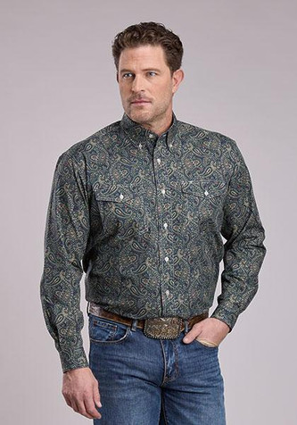 Roper® Men's L/S Green/Navy Paisley Print Button Shirt