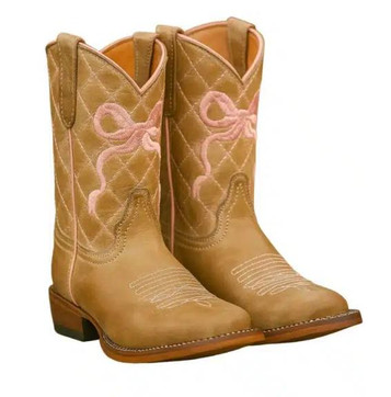 Tanner Mark® Girls' Burnished Sand/Pink Bow Sydney Square Toe Boots