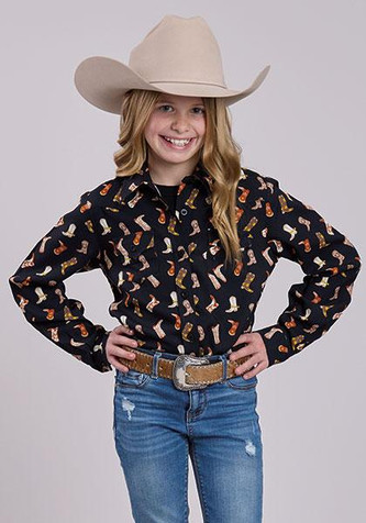 Roper® Girls' L/S Black Boot Print Button Shirt
